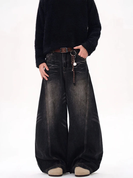 Washed Baggy Curved Stitch Jeans