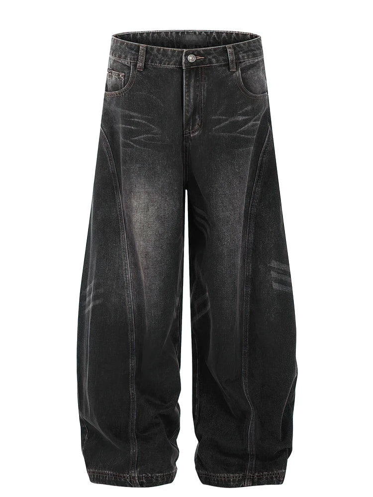 Washed Baggy Curved Stitch Jeans