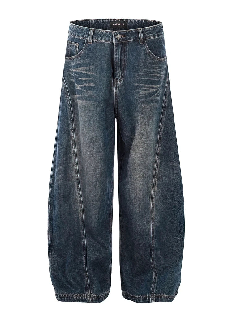 Washed Baggy Curved Stitch Jeans
