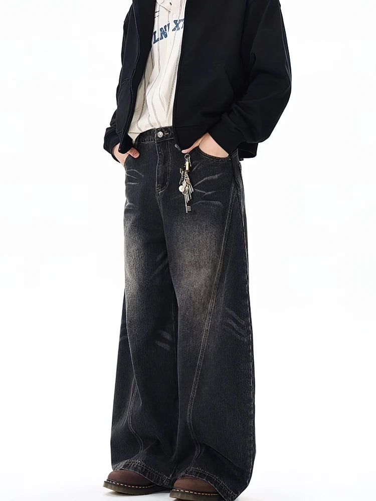 Washed Baggy Curved Stitch Jeans