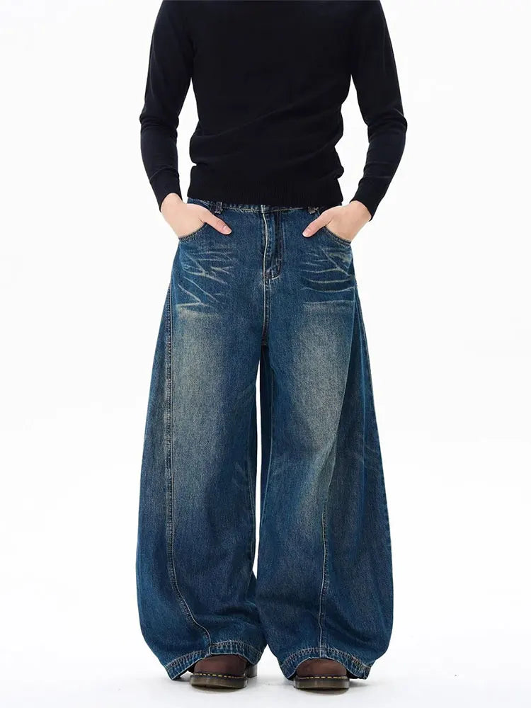 Washed Baggy Curved Stitch Jeans