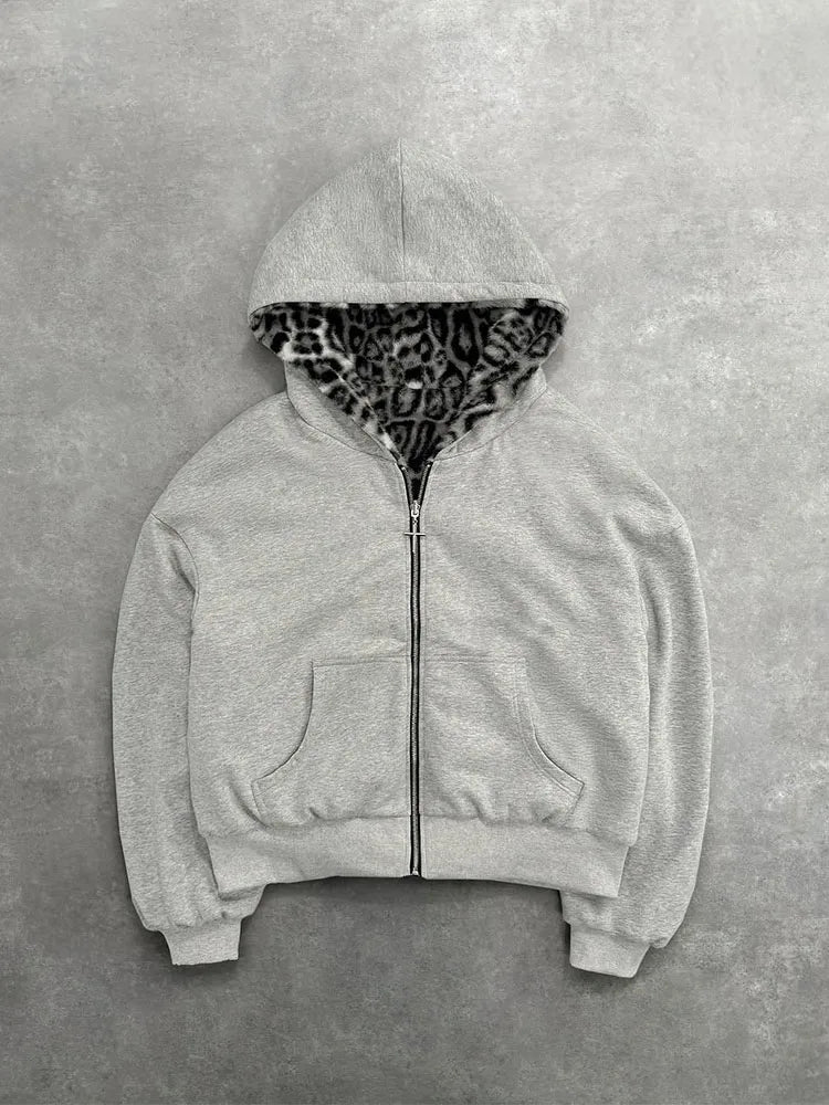 Reversible Leopard Print Zip-Up Hoodie